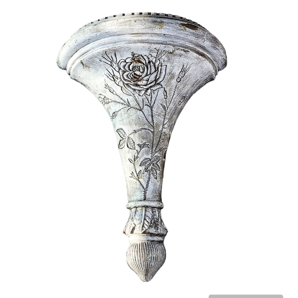 Vintage Style Wall Shelf Sconce Distressed Rose Floral Design Large 13 in